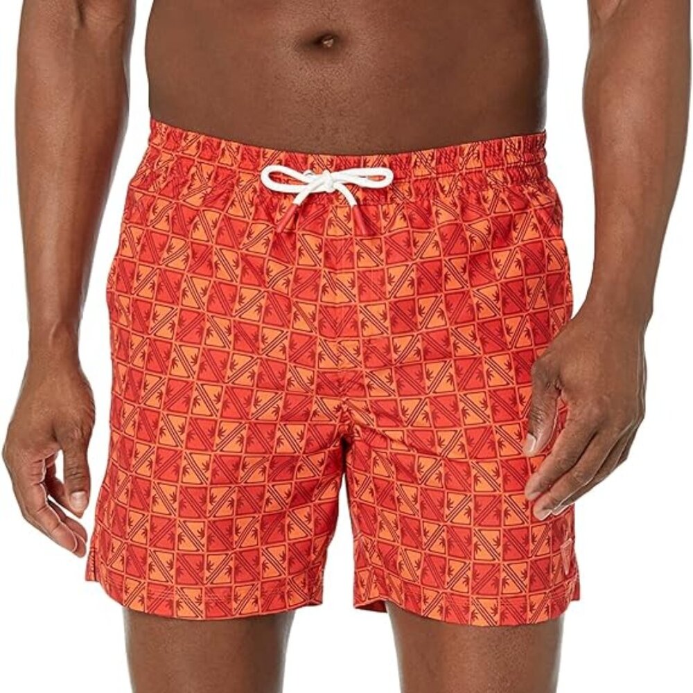 NWT GUESS Mens Geo Print Drawstring Swimwear Orange Maya Print XL